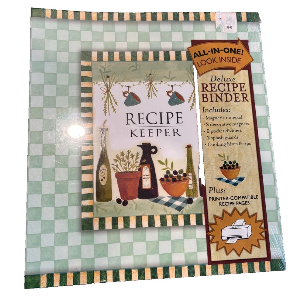 New green checkered deluxe Recipe Keeper 3-Ring Binder Organizer magnets notepad